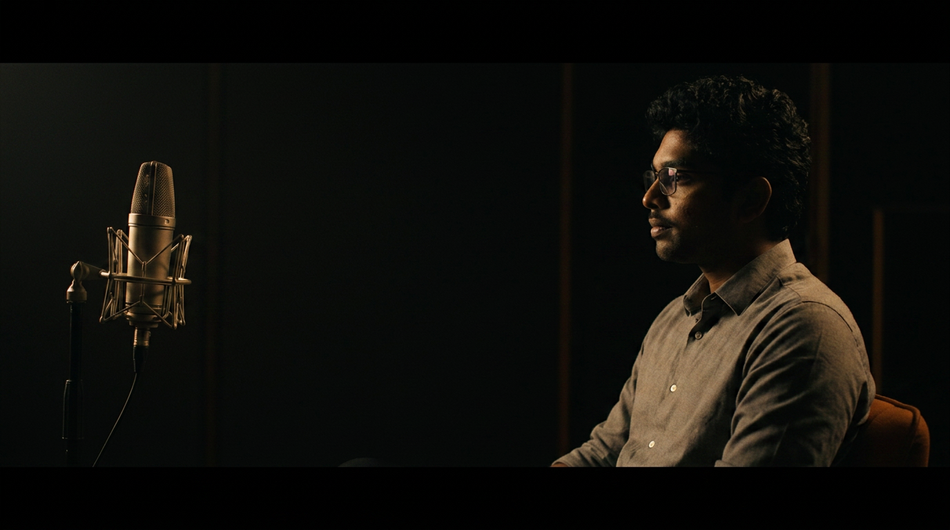 A storyteller seated in darkness beside a studio microphone