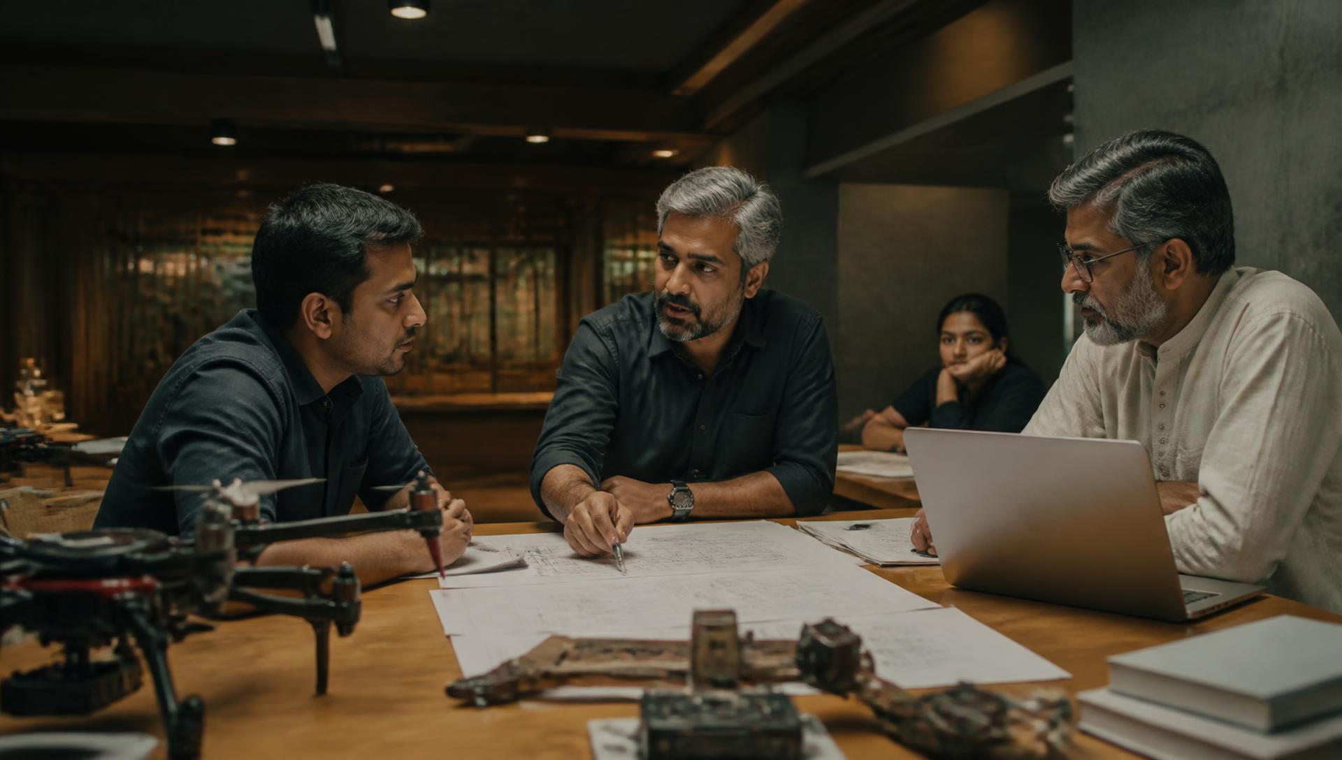 A founder in conversation with mentors around a table of prototypes
