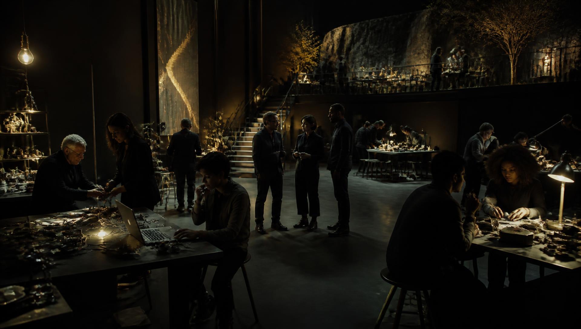 An ecosystem of inventors, students, mentors and filmmakers in a dark hall
