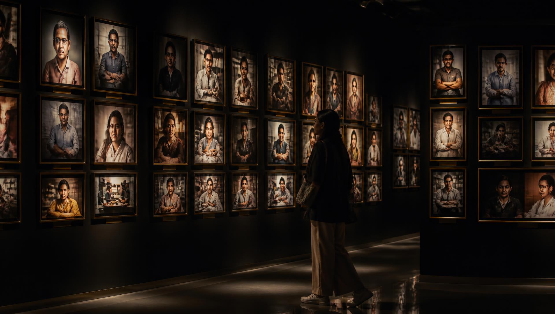 A gallery wall of framed documentary portraits with one visitor walking through