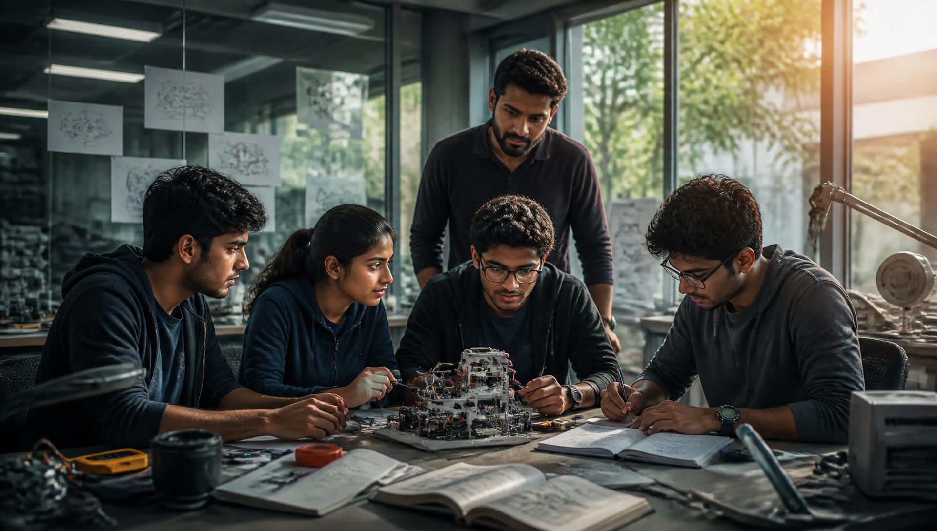 Young Indian students building a prototype in a bright innovation laboratory