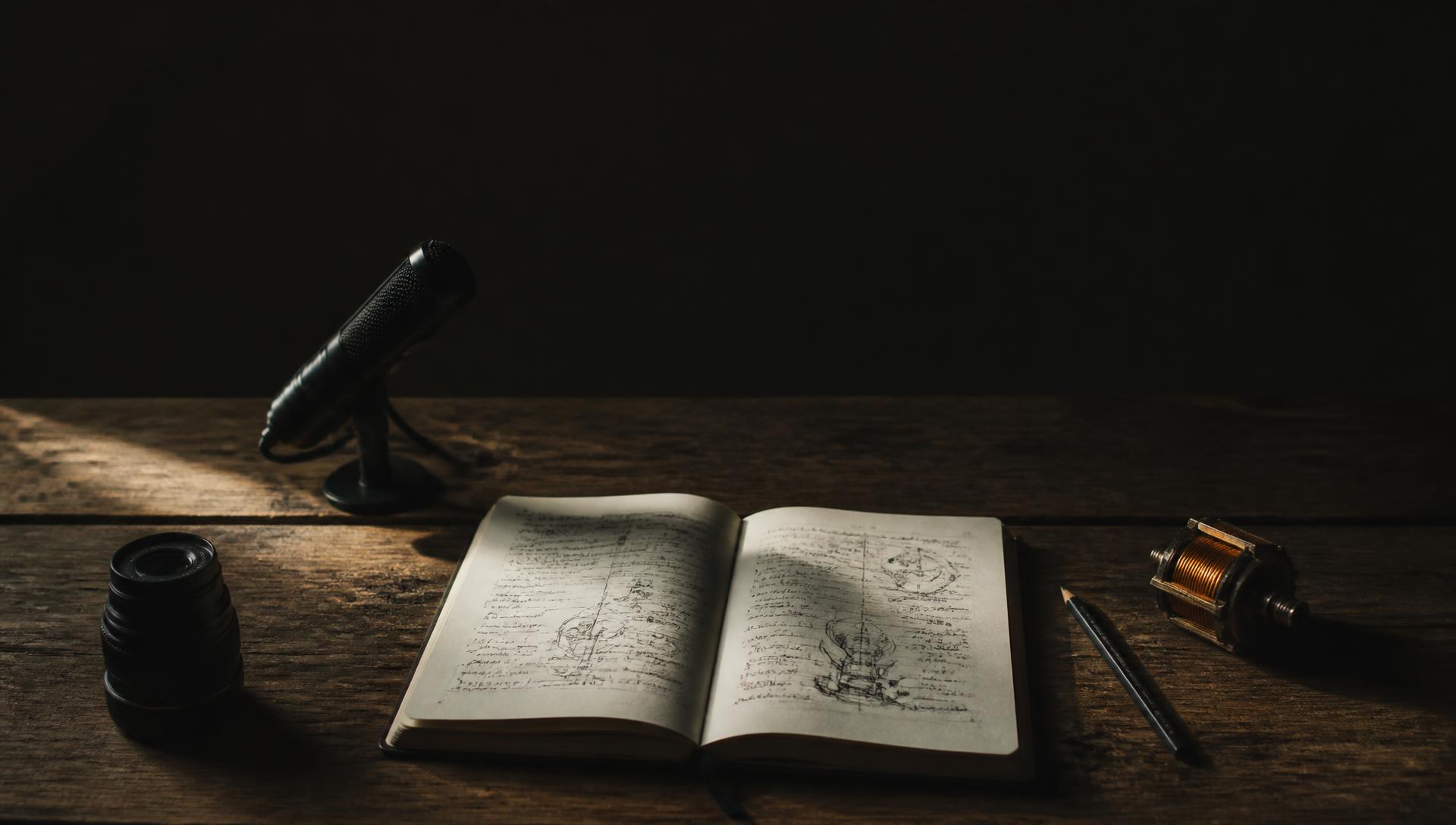 A handwritten notebook of invention sketches lit by a warm beam of light on a dark table